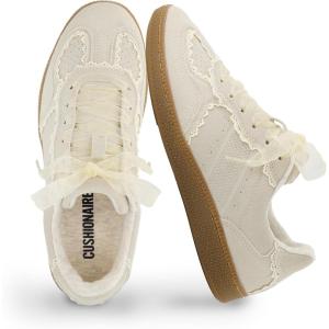 imageCUSHIONAIRE Belinda Womens Lace Detail Casual Sneakers  Elegant Ribbon LaceUp Shoes with Memory FoamIvory Vegan Suede