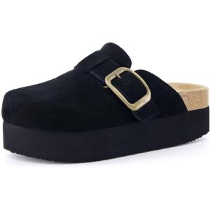 imageCUSHIONAIRE Womens Granola Previous Buckle Issue Fixed Genuine Suede Cork Footbed Platform Clog Comfort Wide Widths AvailableBlack
