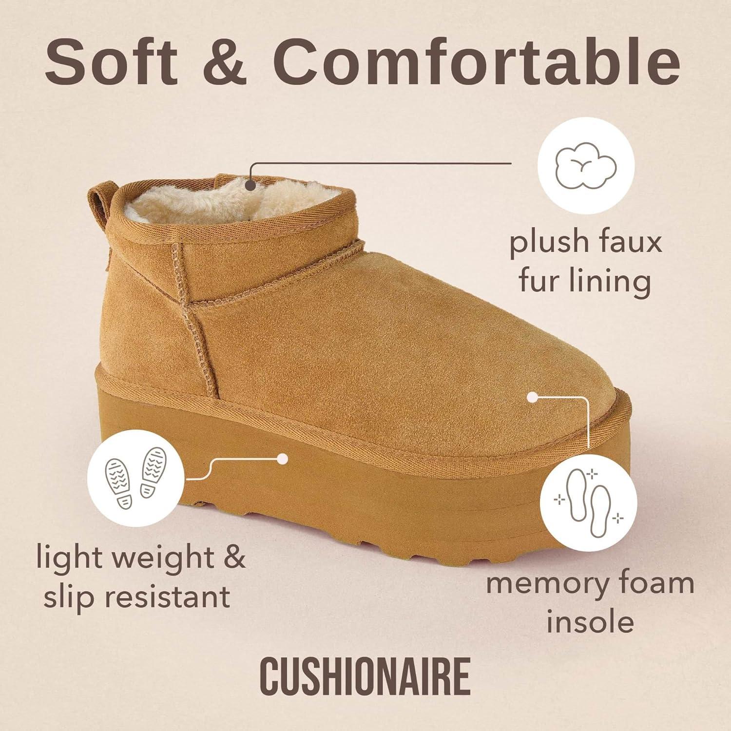imageCUSHIONAIRE Hippy Womens Platform Ankle Boots  Genuine Suede Faux Fur Lining Cozy Winter SlipOn Design Comfortable Footwear with Wide Widths AvailableChestnut
