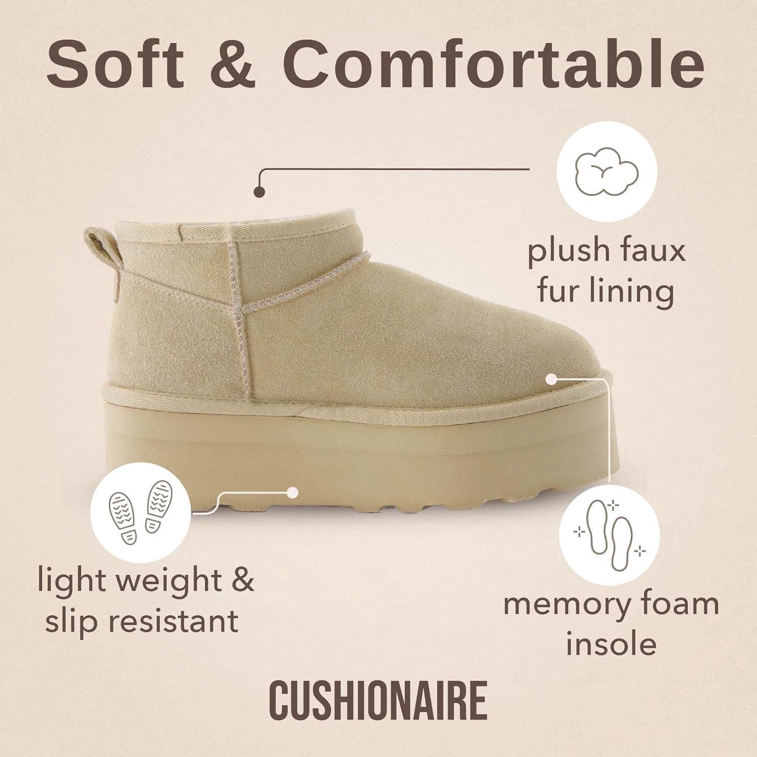 imageCUSHIONAIRE Hippy Womens Platform Ankle Boots  Genuine Suede Faux Fur Lining Cozy Winter SlipOn Design Comfortable Footwear with Wide Widths AvailableSand