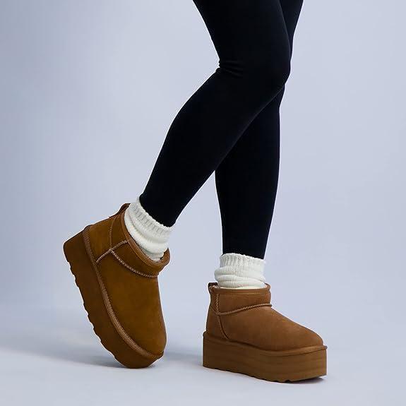 imageCUSHIONAIRE Hippy Womens Platform Ankle Boots  Genuine Suede Faux Fur Lining Cozy Winter SlipOn Design Comfortable Footwear with Wide Widths AvailableOffwhite