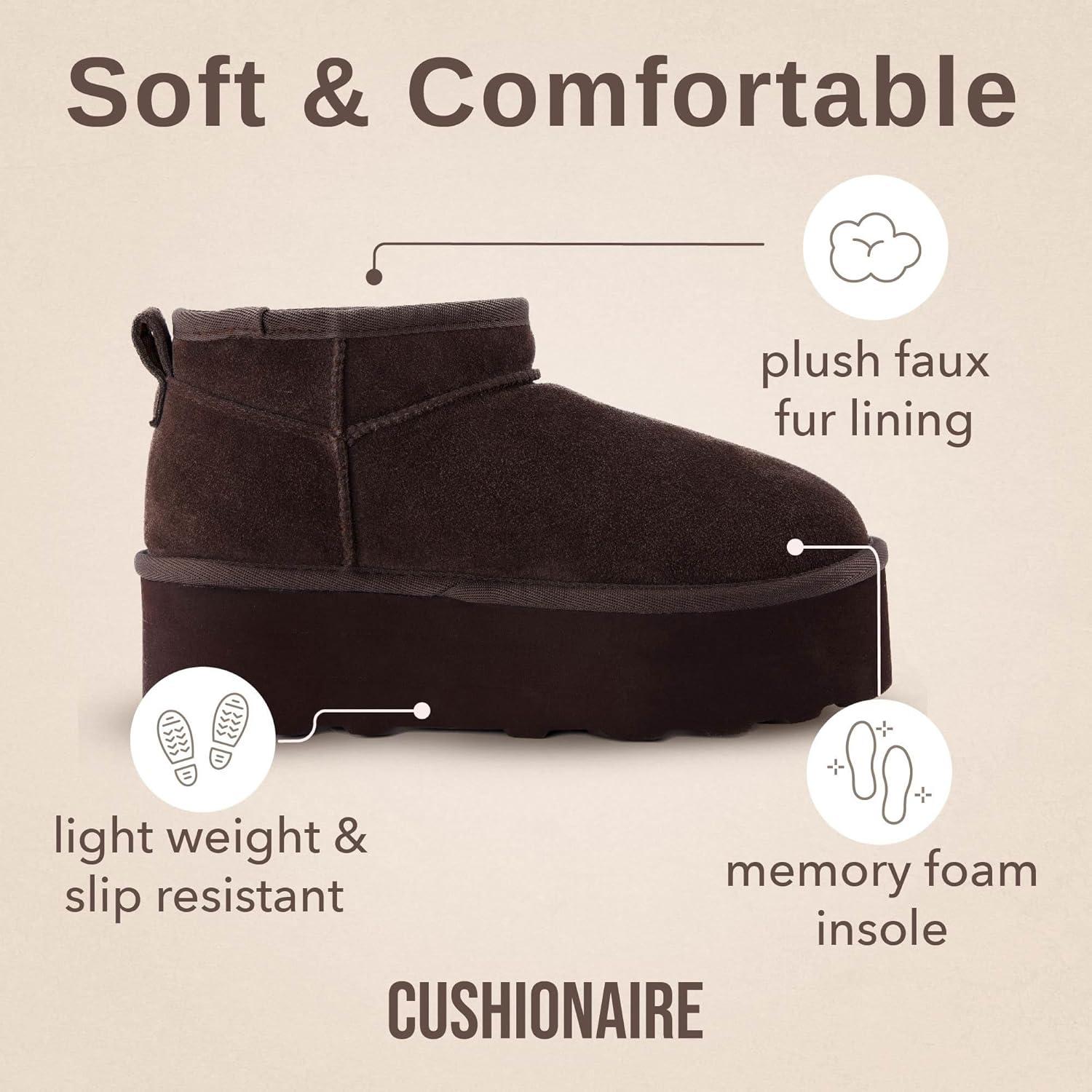 imageCUSHIONAIRE Hippy Womens Platform Ankle Boots  Genuine Suede Faux Fur Lining Cozy Winter SlipOn Design Comfortable Footwear with Wide Widths AvailableChocolate