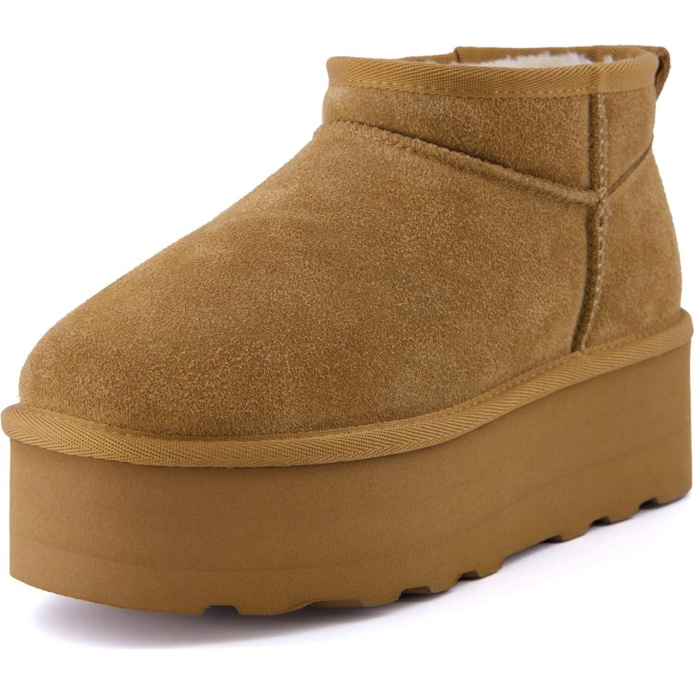 imageCUSHIONAIRE Hippy Womens Platform Ankle Boots  Genuine Suede Faux Fur Lining Cozy Winter SlipOn Design Comfortable Footwear with Wide Widths AvailableChestnut