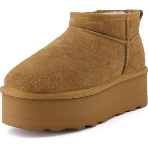 imageCUSHIONAIRE Hippy Womens Platform Ankle Boots  Genuine Suede Faux Fur Lining Cozy Winter SlipOn Design Comfortable Footwear with Wide Widths AvailableChestnut