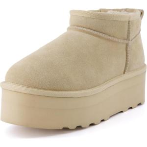 imageCUSHIONAIRE Hippy Womens Platform Ankle Boots  Genuine Suede Faux Fur Lining Cozy Winter SlipOn Design Comfortable Footwear with Wide Widths AvailableSand