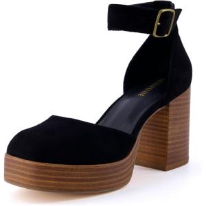 imageCUSHIONAIRE Womens Tanner Leather stack block heel with Memory Foam Padding Wide Widths AvailableBlack Microsuede