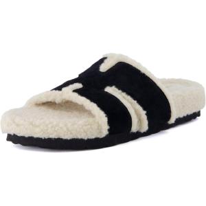 imageCUSHIONAIRE Cuddle Fur Slippers for Women Faux Shearling Slide Sandal Memory Foam Wide Widths AvailableBlack