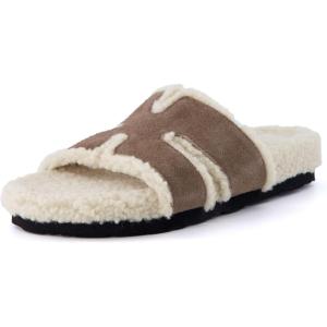 imageCUSHIONAIRE Cuddle Fur Slippers for Women Faux Shearling Slide Sandal Memory Foam Wide Widths AvailableTaupe